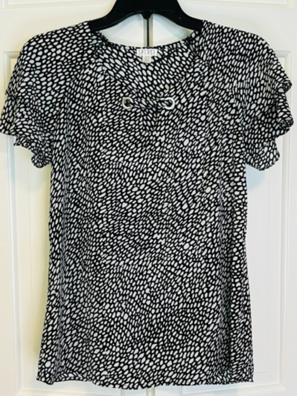 Spense Black White Dotted Print Flutter Sleeve Blouse Size Small EUC